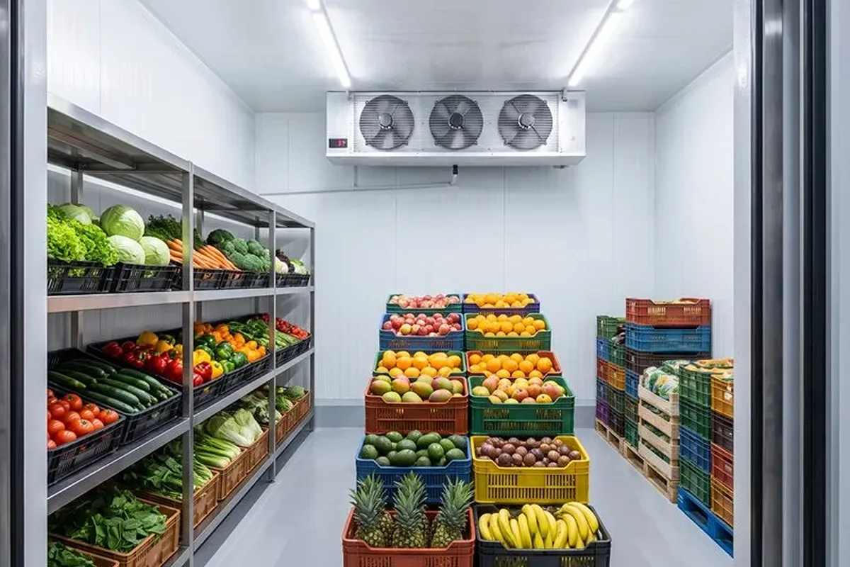 Walk-in chiller cold room in Kenya stocked with fresh vegetables and fruit in crates