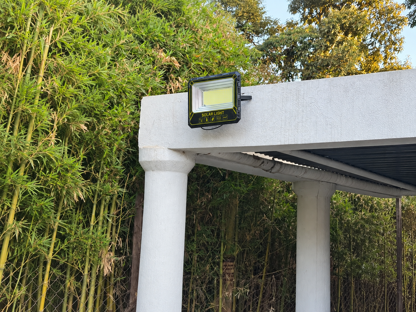 Solar security flood lights installed on a commercial building in Kenya